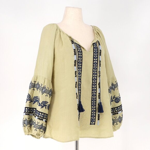 LBENARAS BY CITRUS 100% Linen Embroidered Billowy Blouse Sage Green Size L - Picture 2 of 9